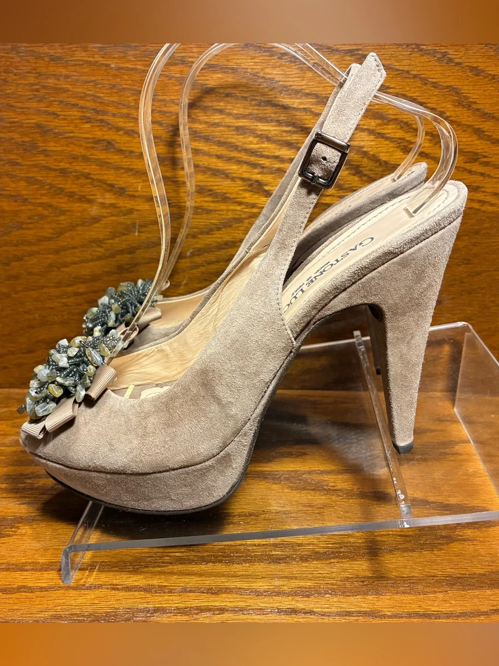 Gastone Lucioli ITALY Beaded Suede Platform Slingback Heels Taupe EU 40 US 9.5